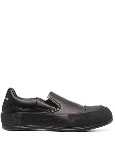 Alexander Mcqueen Leather Slip-on Exaggerated-sole Sneakers In Black