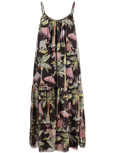 Red Valentino Long Cotton And Silk Dress With Elephant Print In Black