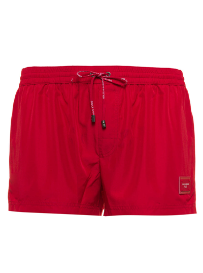 Dolce & Gabbana Logo Detailed Drawstring Swim Shorts In Red