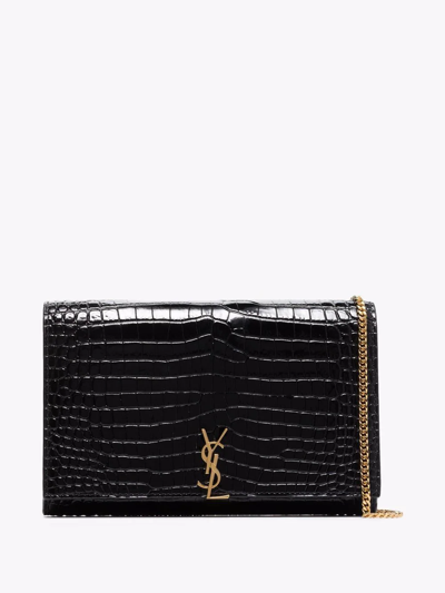 Saint Laurent Crocodile-embossed Glossy Leather Crossbody Bag In Black