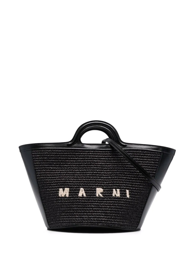 Marni Black Leather And Raffia Small Tropicalia Summer Handbag