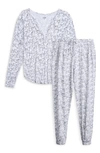 Aqs Leaf Print Long Sleeve Henley & Joggers 2-piece Pajama Set In White