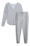 Aqs Leaf Print Long Sleeve Henley & Joggers 2-piece Pajama Set In Smoke