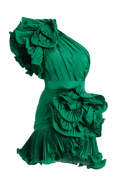 Elie Saab Women's Ruffled Taffeta Asymmetric Mini Dress In Green