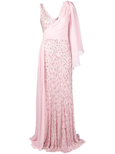 Jenny Packham Aluna Sequin-embellished Draped Gown In Pink