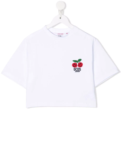 Gcds Teen Cherry-embroidered Cropped T-shirt In White