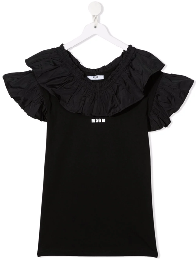 Msgm Kids' Logo-print Ruffled T-shirt Dress In Black