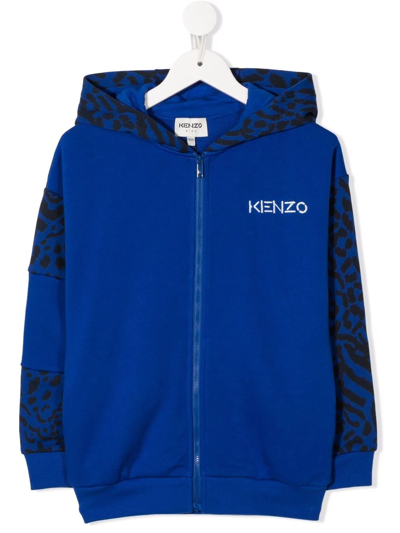 Kenzo Kids' Leopard-print Pullover Hoodie In Blue
