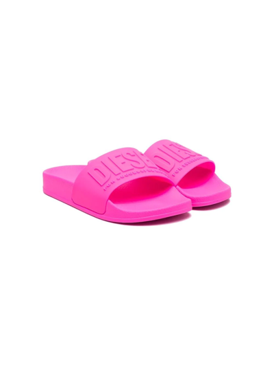 Diesel Kids' Logo-embossed Pool Sliders In Pink