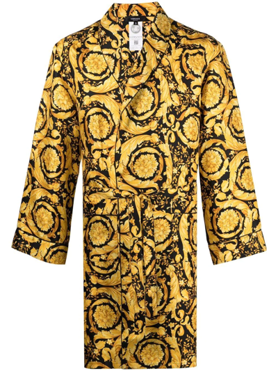 Versace Baroque Print Silk Dressing Gown In Black