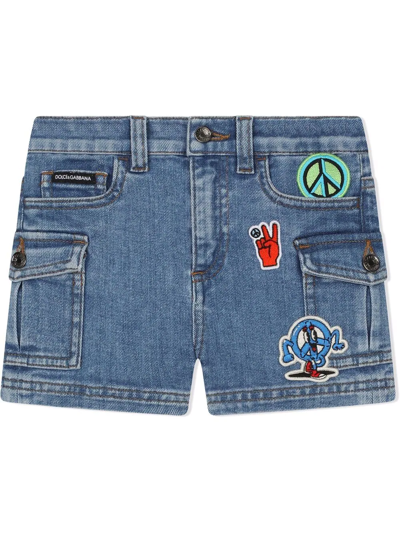 Dolce & Gabbana Babies' Stretch Denim Shorts With Decorative Patches In Azure