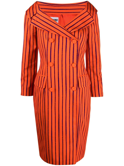 Moschino Pinstripe-print Double-breasted Midi Dress In Orange