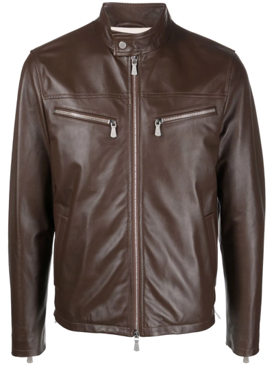 Eleventy Shiny Leather Biker Jacket In Moro