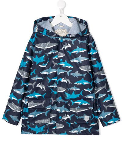 Hatley Kids' Shark-print Hooded Raincoat In Blue