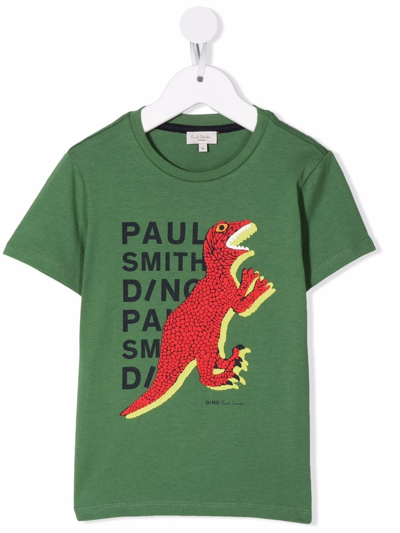Paul Smith Junior Kids' Dinosaur-print Logo T-shirt In Verde
