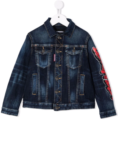 Dsquared2 Kids Denim Jacket With Graffiti Style Logo In Blue