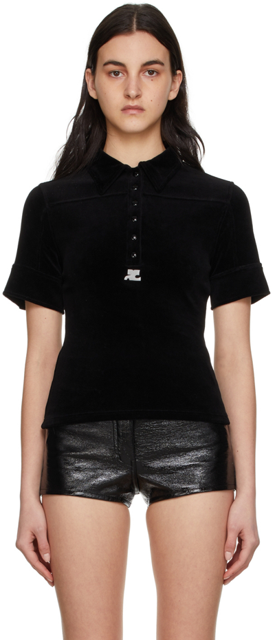Courrèges Logo-embroidered Cotton-blend Polo Top In Black