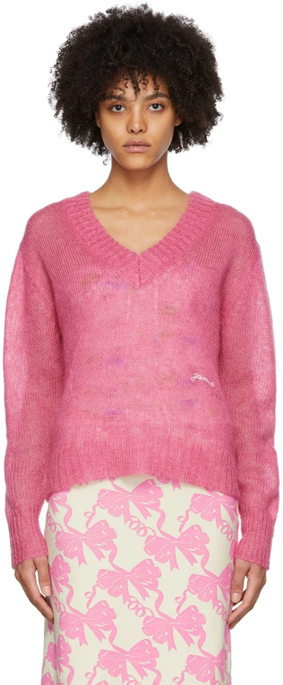 Ganni V-neck Mohair-blend Sweater In 483 Shocking Pink