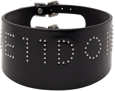 We11 Done Black Wide Leather Logo Stud Choker