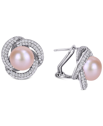 Macy's Pink Cultured Freshwater Pearl (10-1/2mm) & Cubic Zirconia Love Knot Stud Earrings In Sterling Silve In Silver