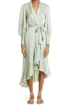 Zimmermann Asymmetric Ruffled Silk-satin Midi Wrap Dress In Sage