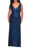 LA FEMME SEQUIN FAUX WRAP GOWN