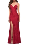 La Femme Sparkle Stretch Lace Open Back Sheath Gown In Red