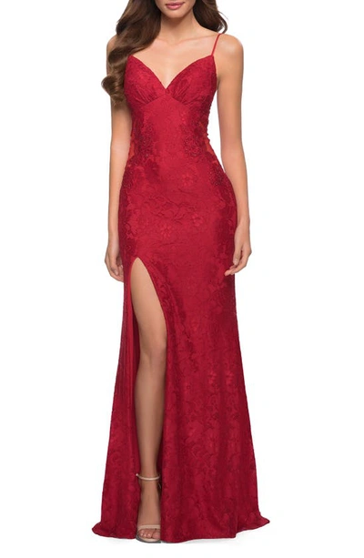 La Femme Sparkle Stretch Lace Open Back Sheath Gown In Red