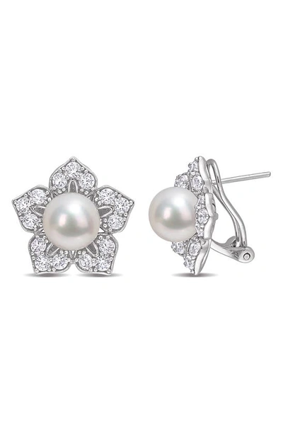 Delmar Sterling Silver White Sapphire 8.5-9mm Cultured Freshwater Pearl Floral Stud Earrings