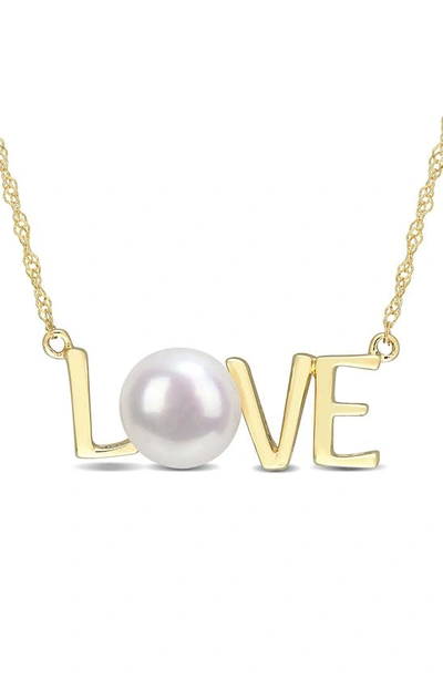 Delmar 10k Yellow Gold Plated Sterling Silver 7-7.5mm Cultured Freshwater Pearl Love Script Necklace In White