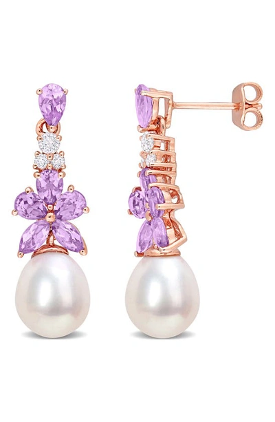 Delmar Rose Gold Plated Sterling Silver Amethyst & White Topaz 8.5-9mm Cultured Freshwater Pearl Drop Earri In Multi