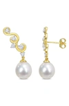 Delmar Created White Sapphire Swirl Bar 9-9mm Cultured South Sea Pearl Drop Earrings In White