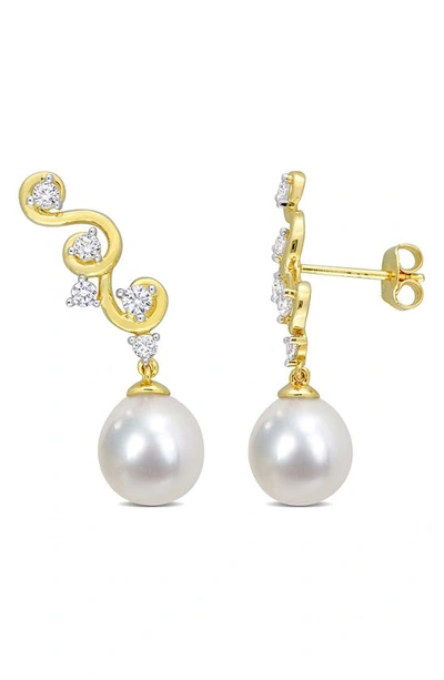 Delmar Created White Sapphire Swirl Bar 9-9mm Cultured South Sea Pearl Drop Earrings