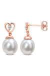 Delmar Rose Gold Plated Sterling Silver White Topaz Heart 8-9mm Cultured South Sea Pearl Drop Earrings In White