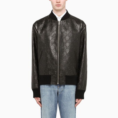 Gucci Black Gg Leather Bomber Jacket