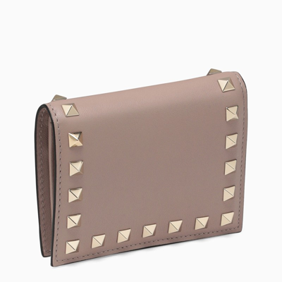 Valentino Garavani Powder Pink Rockstud Small Wallet In Beige