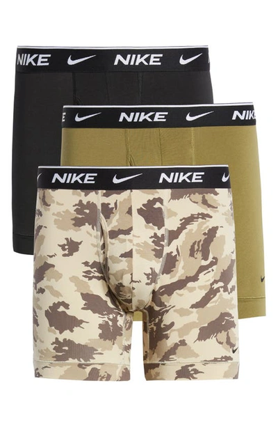 Nike 3-pack Dri-fit Essential Stretch Cotton Boxer Briefs In Khaki Camo/ Cargo Khaki/ Black