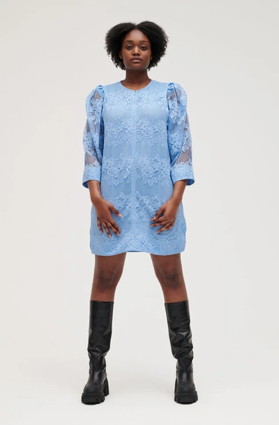 Ganni Lace Puff Sleeve Mini Dress Placid Blue Size 38 | ModeSens