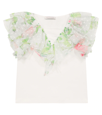 Monnalisa Kids' Floral Tulle-trimmed T-shirt In Bianco+fuxia