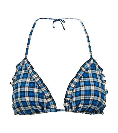Ganni Checked Triangle Bikini Top In Check Azure Blue