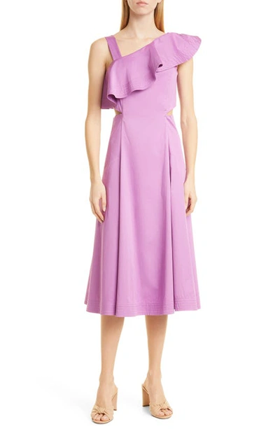 Veronica Beard Asymmetric Neck Cotton Blend Midi Dress In Vivid Orchid