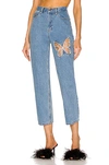 Area Crystal Cutout Butterfly High Waist Crop Straight Leg Jeans In Light Blue
