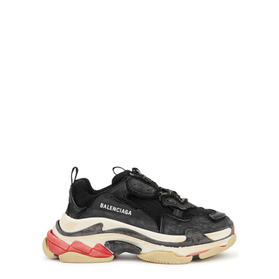 Balenciaga Triple S Distressed Leather And Mesh Sneakers In 黑色,红色