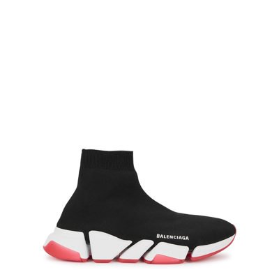 Balenciaga Speed 2.0 Black Stretch-knit Sneakers In Black White Red