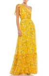 Mac Duggal One-shoulder Floral Print Chiffon A-line Gown In Yellow Multi