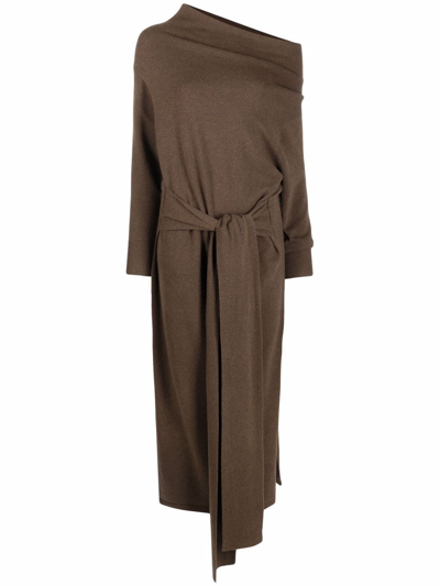 Polo Ralph Lauren Off-shoulder Draped Knitted Dress In Braun