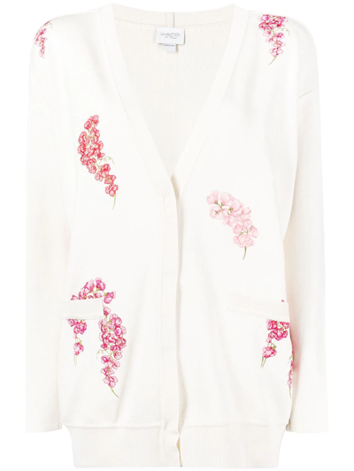 Giambattista Valli Floral-knit Buttoned Cardigan In Weiss