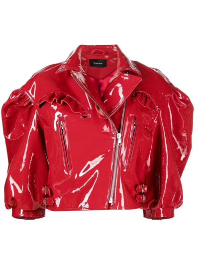 Simone Rocha Puff-sleeve Crop Patent Leather Biker Jacket W/ Frill Bustier Detail In Blood