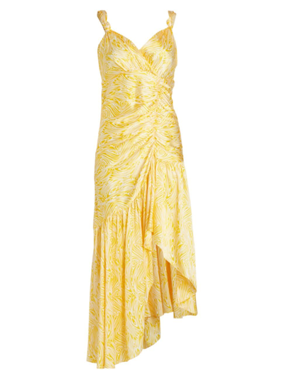 Cinq À Sept Nikola Printed Ruched Midi Dress In Yellow