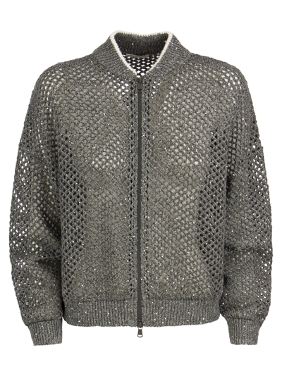 Brunello Cucinelli Sparkling Mesh Bomber Style Linen And Cotton Cardigan In Plum